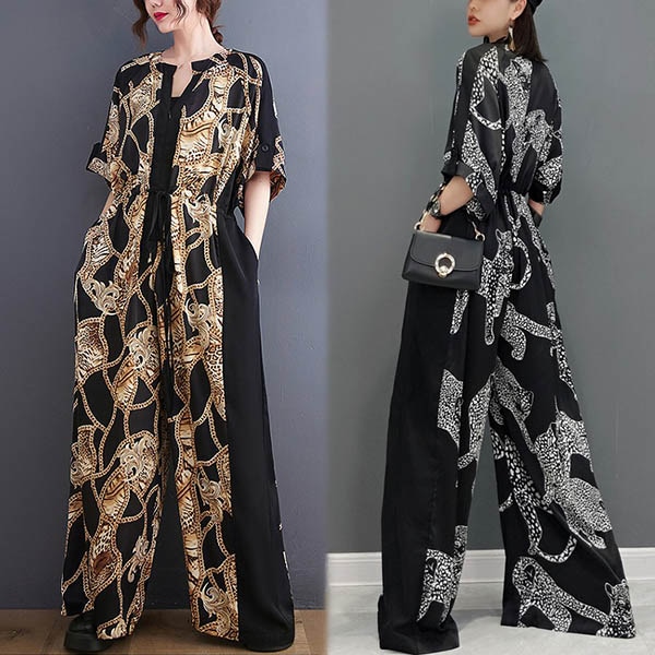 オールインワン 豹柄 黒 即納 ブラウン ガウチョパンツ ワイドパンツ ゆったり 半袖 レオパード ecmio-223596 レディース つなぎ ジャンプスーツ 5分袖