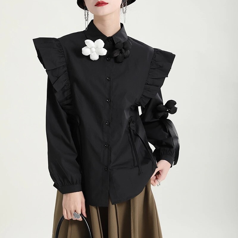 長袖ブラウス新商品立体花フリルデザインシャツシンプル可愛い着痩せ若見え綿上着今っぽシアーシャツ