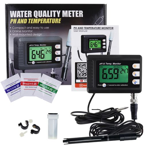 TEKCOPLUS 高精度多機能 2 IN 1 PH測定器 PHと温度モニター PH計 ペーハー 温度計 水質測定器 ATC 自動温度補正 BNC電極付き 水質検査 水耕栽培 実験室 水族館 水槽 温