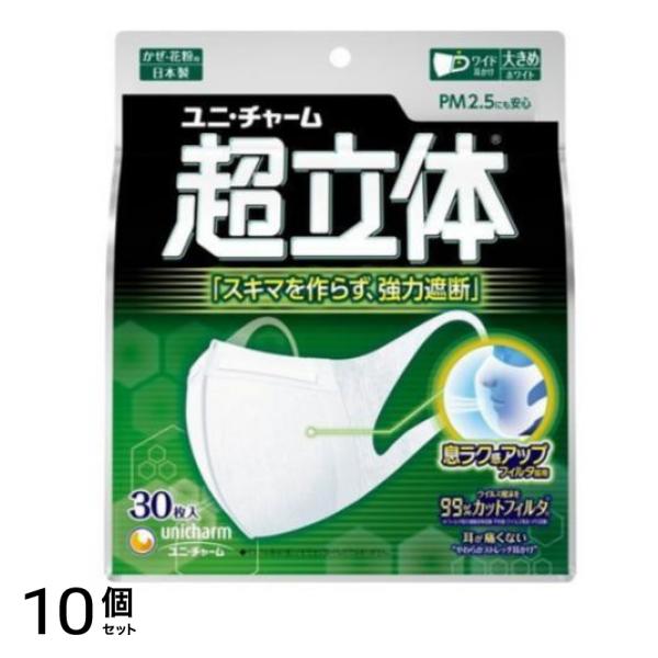 超立体マスク かぜ・花粉用 (ノーズフィット付き) 大きめサイズ 30枚 (大きめサイズ) 10個セット