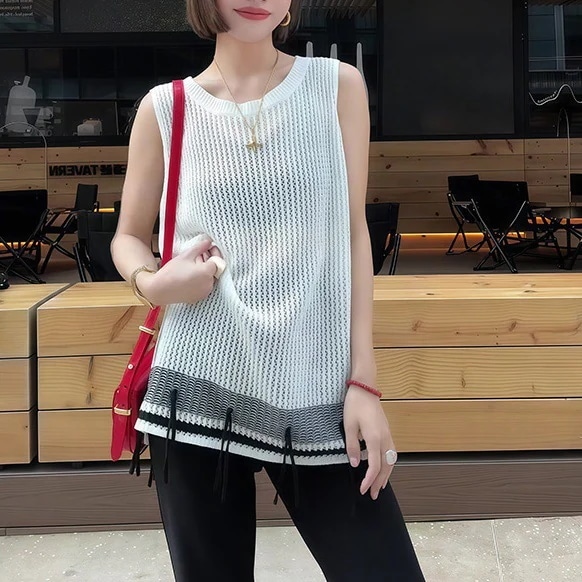 【超お得1つ買うと10個もらえる】メガ割夏でも着れる！サマーニット ニットウェア ストライプ タッセル Tシャツ レディース 夏 新作 韓国 ニット 馬 クリップ トップス