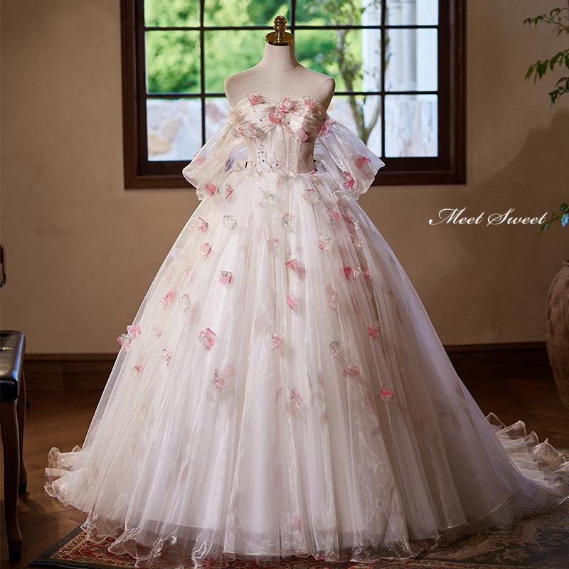 カラードレス プリンセスライン オフショルダー オフホワイト フラワー ロングドレス ウェディングドレス 結婚式 二次会 花嫁 前撮り 演奏会 発表会 上品