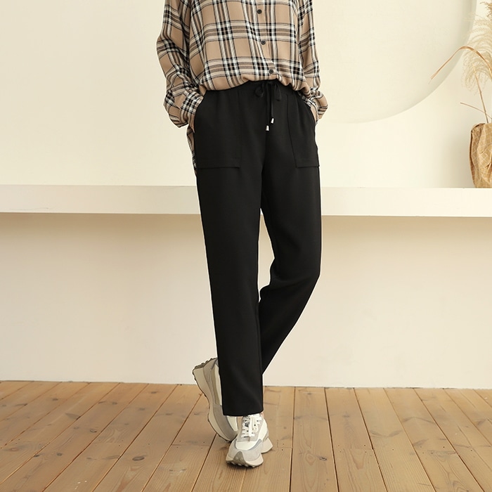 [韓国ファッション] ウエストゴムポケットストリングストレッチテーパードパンツ 5,270円