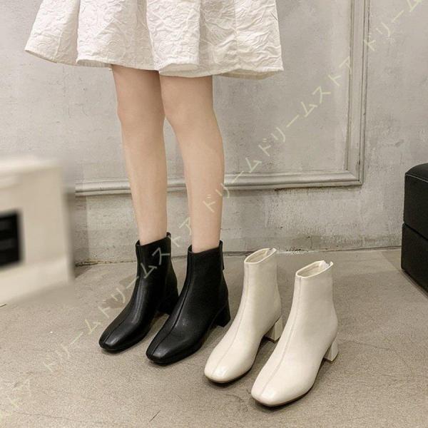 [10月推奨/20%OFF]ショートブーツ スクエアトゥ 本革 太ヒール 5cmヒール バックジップ レディース 黒 白 チャンキーヒール 袴ブーツ ミドルヒール 疲れにくい ブーティ 幅広