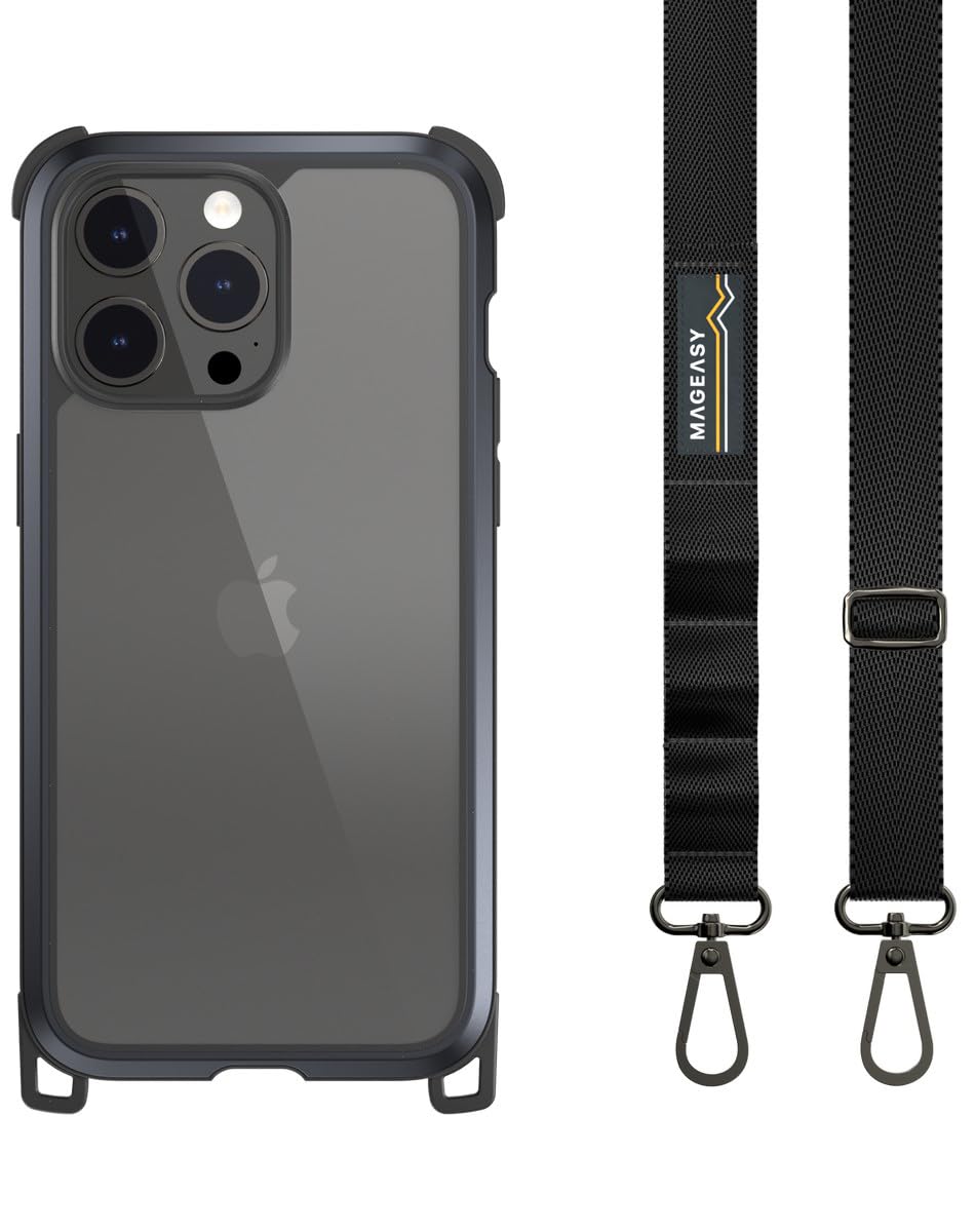 【MagEasy】iPhone15ProMax 対応 斜めがけ 首掛け 肩掛け スマホショルダー ストラップ 付/耐衝撃 米軍 MIL規格 クリア 耐衝撃ケース スマホストラップ 未使用時 2way