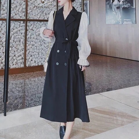 個性 不規則 デザイン ダブルボタン スリーブ切り替えフレアワンピース