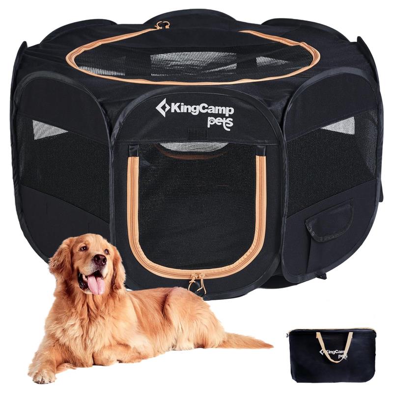 KingCamp ペットサークル 折りたたみ 犬 猫 室内 屋外 ペットケージ 大型犬 八角形 127x127x60cm 収納バッグ付き 600Dオックスフォード布 通気性 強化メッシュ窓 ドア2カ所