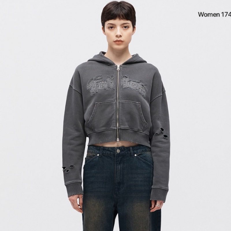 ファレットアーチロゴダメージフーディージップアップチャコール