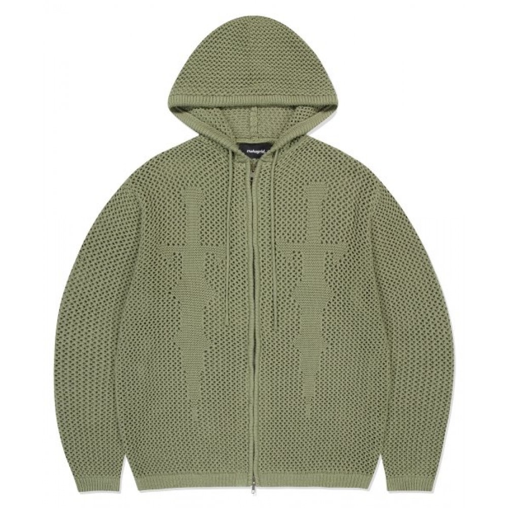 マハグリッド (マハグリッド) ダガーメッシュフードジップアップニットオリーブ (MG2ESMK685A)