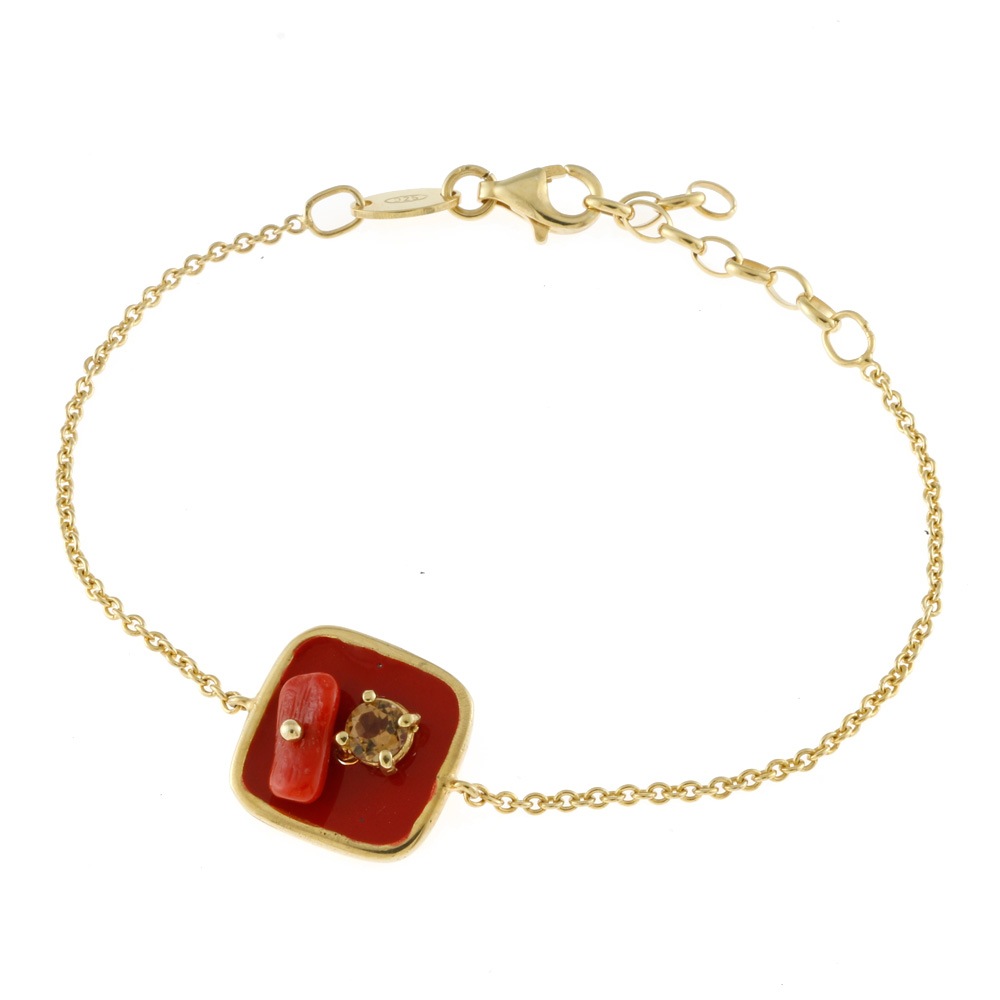 イタリー製 金メッキ 18金仕上げ エナメル ブレスレット シルバー925 サンゴ トルマリン 新品