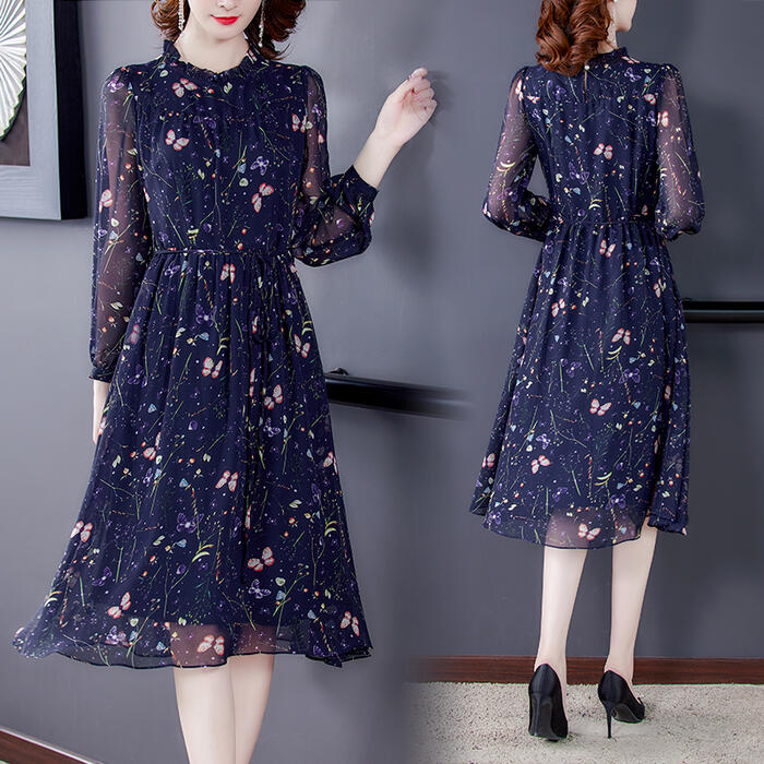 ワンピース ロングワンピ 袖あり レディース 花柄 バタフライ きれいめ カジュアル ミモレ丈 長袖 おしゃれ 大人 可愛い ワンピ ドレス フェミニン シフォン 透け感 体型カバー ウエストリボン