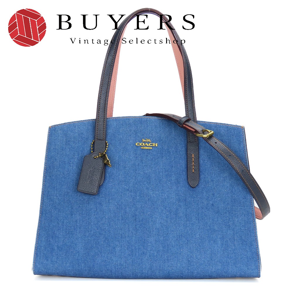 中古 トートバッグ 28898 デニム レザー インディゴ ネイビー ゴールド金具 2WAYショルダー 斜め掛け 肩掛け フラワー レディース 女性