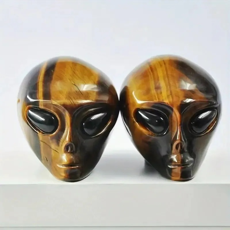 置物 オブジェ 天然石 タイガーアイストーン エイリアン 宇宙人 ファンタジー かわいい インテリア ユニーク ブラウン 宇宙 お洒落 4-7
