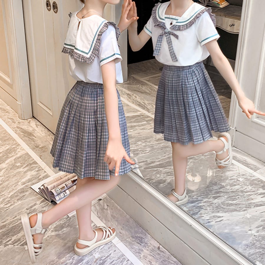 [24時間全品限定ポイントアップ] ドレス 子供服 半袖 夏 制服 トップス シャツ スカート 小学生 韓国 通学 チェック柄 プリンセス 入学式 卒業式 発表会 ダンス 衣装 ハロウィン 11529