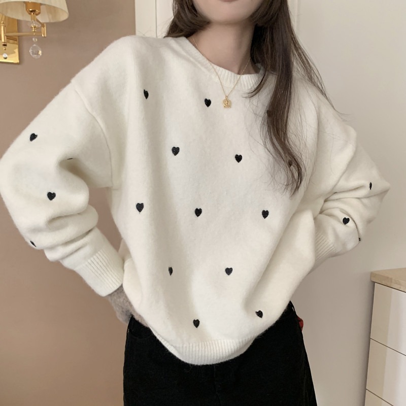 ニット ハート セーター ホワイト 白 韓国 レディース オルチャン 長袖 プルオーバー 大人可愛い 白 グレー シンプル カジュアル 袖リブ ウエストリブ ゆる アクティブ ベーシック