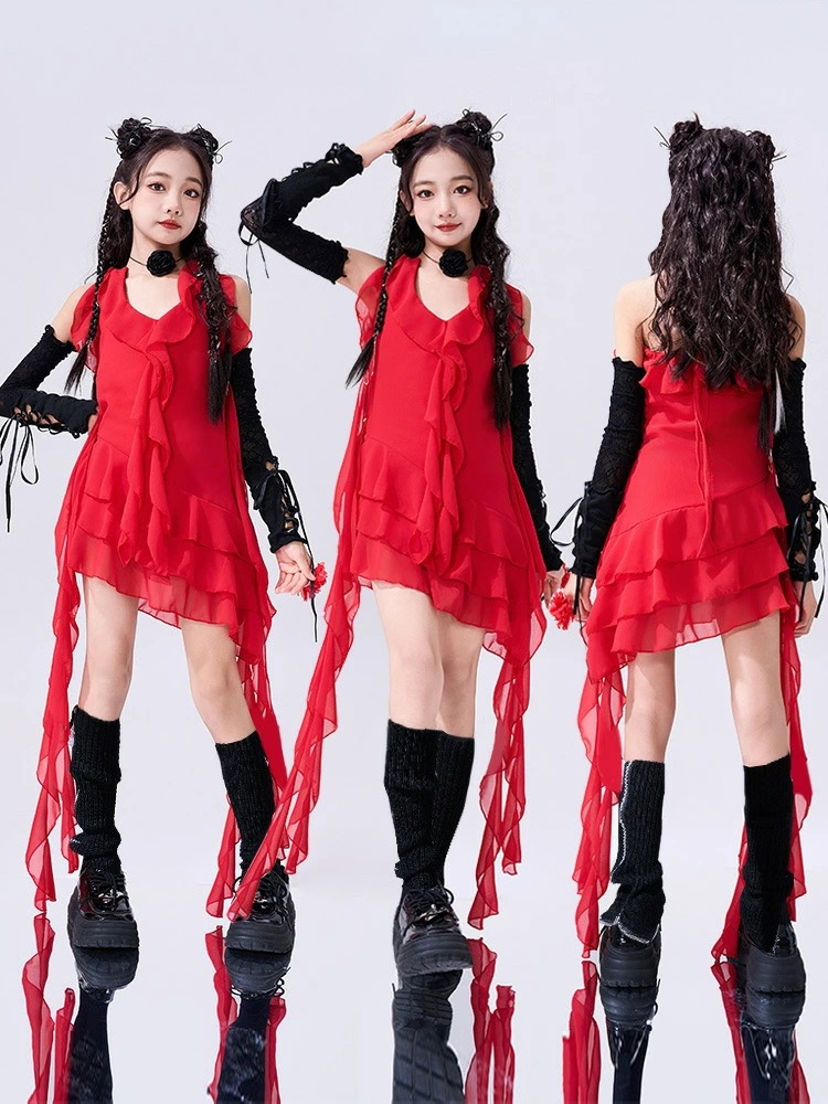 jazz ショートパンツ かっこいい HIPHOP 不規則な裾 発表会 セットアップ キッズjazzダンス衣裳 団体服 ステージショー トップス 女の子ヒップホップダンス衣装 舞台演出服 レッド フ