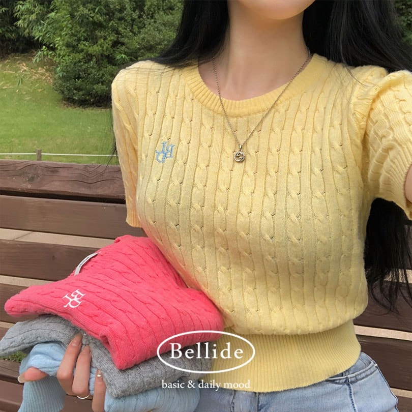 韓国の女性ファッション/ [BELLIDE MADE] ケーブルラウンド半袖ニット nt1267