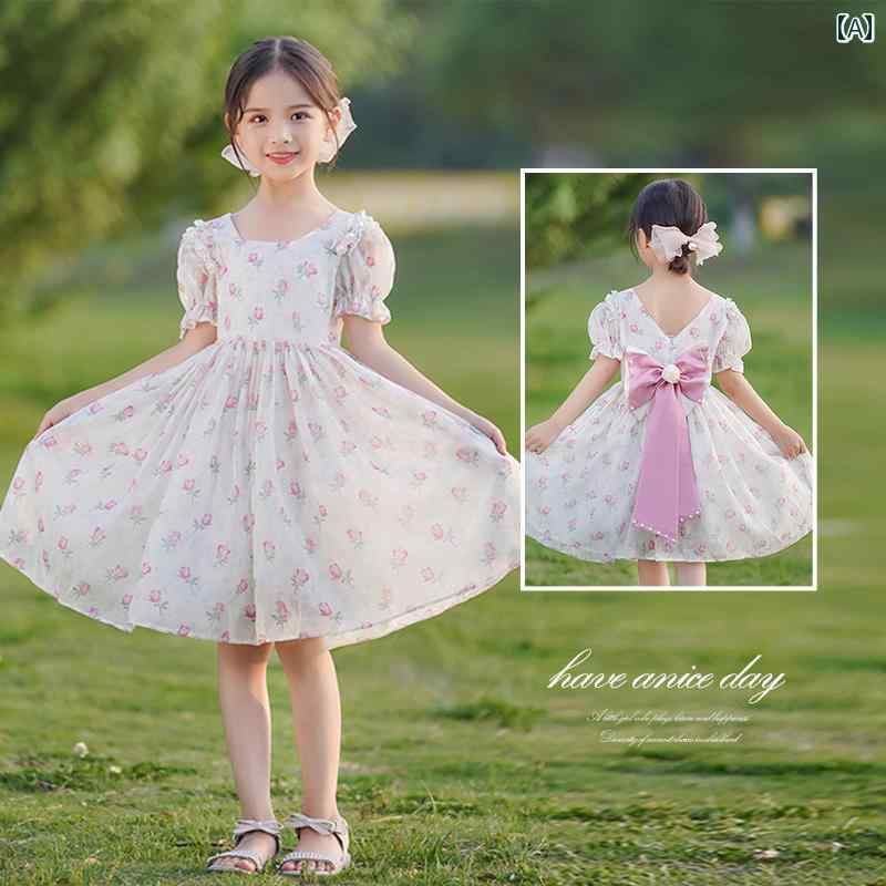 ドレス 女の子 ガール ガーリー プリンセス お姫様 ミニ ドレス 春夏 子供 キッズ 花柄 フレアスカート 少女 パフスリーブ バックリボン パール Ａライン 薔薇 プリント