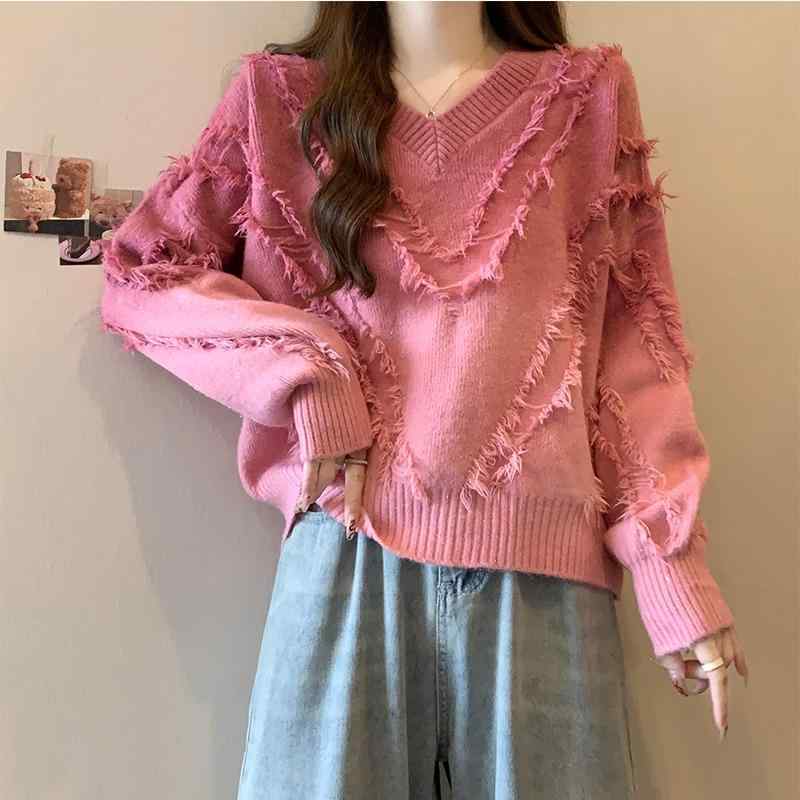 セーター レディース 大きいサイズ 春秋 ニット 長袖 トップス プルオーバー Vネック フリンジ おしゃれ カジュアル グラデーション カーキ グレー