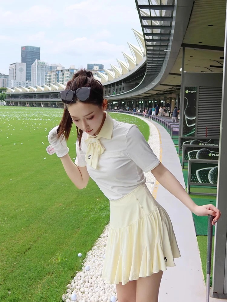 【送料無料】ゴルフウェア レディース スポーツウェア ゴルフスカート POLOシャツ Tシャツ 半袖 スカート 上下セット 白 黄色 プリーツスカ 春夏 速乾 女性 テニスウェア 韓国風 INS おし