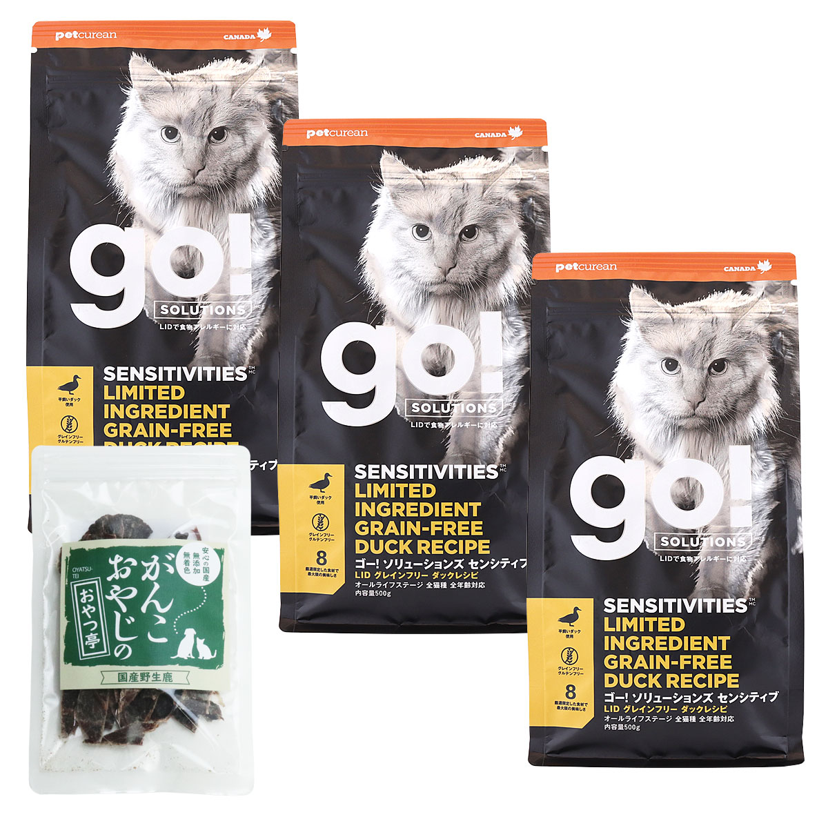 GO! ゴー ソリューションズ キャット センシティブLID ダック 500g×3袋【国産鹿肉ジャーキー(お試しサイズ)付き】キャットフード