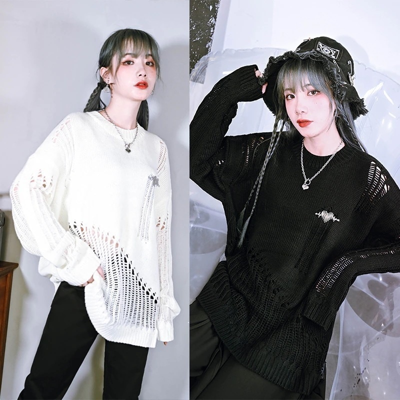 ダメージニット ニットセーター 長袖 レディース オーバーサイズセーター 白/黒 個性的