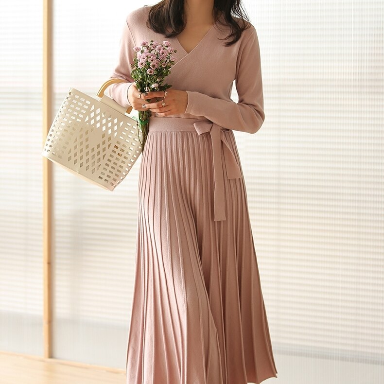 ワンピース レディース 送料無料 7色 ニットワンピース ミモレ丈 ジャケット カシュクール ラップドレス 巻きスカート Vネック レイヤード プリーツ Aライン ワイド 切り替え ベルト付き 無地