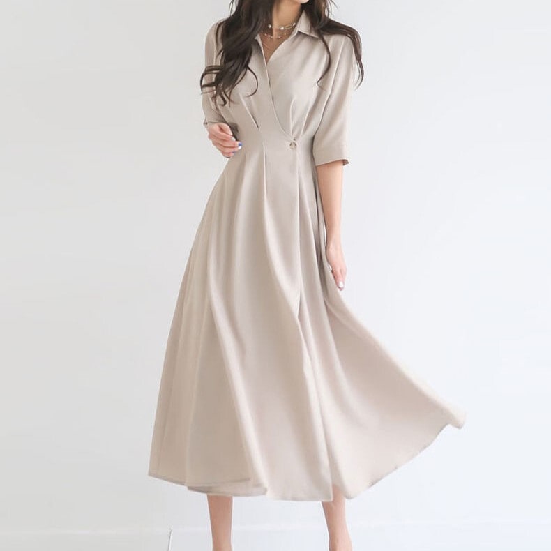 ラップスカート ワンピース パーティドレス カラードレス ロングドレス 演奏会ドレス 発表会ドレス Aラインドレス ワンピースドレス カジュアルドレス 膝下 ミモレ丈 袖あり 7分袖 七分袖 Vネック