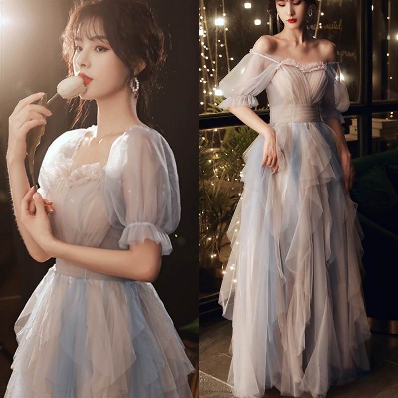 コスパ最高ロング ドレス パーティードレス 個性的 バイカラー 袖あり ニュアンス くすみカラー プリンセス お姫様 パフスリーブ 結婚式 二次会 お呼ばれ フォーマル 演奏会 ピアノ 発表会 ドレス