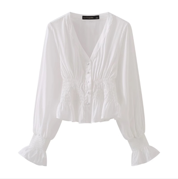 トップス シャツ ブラウス 白トップス 袖あり 長袖 トランペットスリーブ Vネック プリーツ 薄手 快適 着心地 かわいい 大人可愛い きれいめ シンプル カジュアル 大人 上品 おしゃれ お洒落