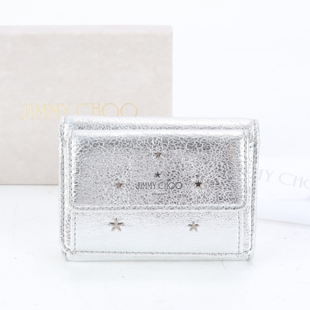 極美品 ホログラムシール付 ネモ スター スタッズ シルバー レザー 三つ折り 財布 長財布 二つ折り 三つ折り コンパクト ウォレット ラウンドファスナー レディース EUE CP21-8 中古