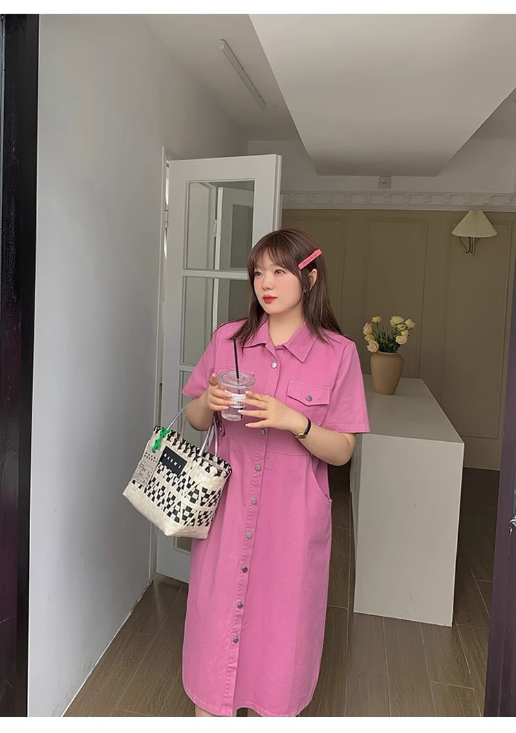 大きいサイズ カジュアル 婦人服 カバー デニム ストレート ドレス 夏 ワンピース 膝下 袖あり 半袖 Vネック 襟付き かわいい シンプル カジュアル おしゃれ お洒落 こなれ感 ラフ 7,387円