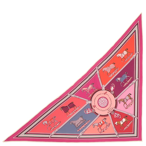 エルメス ストール カレ90 トライアングル ジェアン シルク ピンク×マルチカラー 【COUVERTURES ET TENUES/馬着】 【箱】【中古】