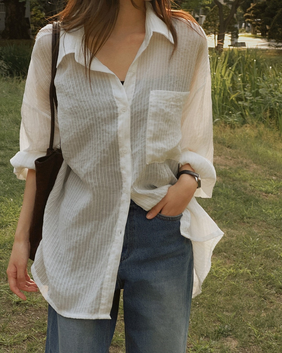 フリットオーバーフィットシャツ韓国ファッション レディース