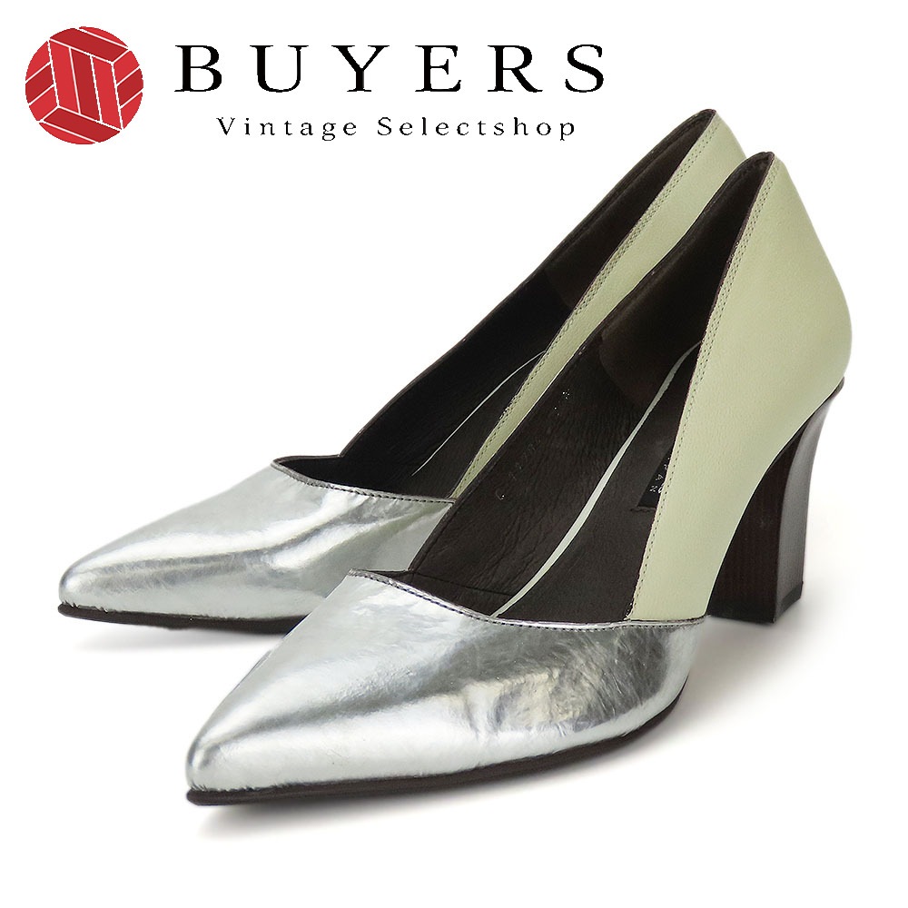 中古 パンプス 24 1/2 レザー エナメル シルバー ライトグリーン系 JPサイズ約24.5cm ヒール約7.5cm シューズ　靴 レディース 女性