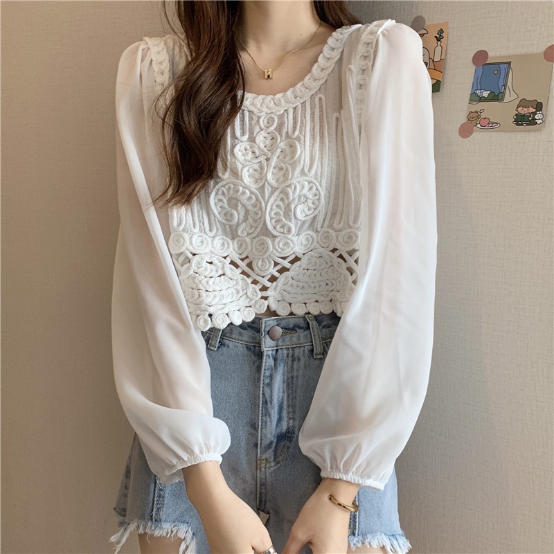トップス シャツ ブラウス カットソー 袖あり 長袖 Uネック ラウンドネック 刺繍 シフォン 透け感 かわいい 大人可愛い きれいめ おしゃれ お洒落 かっこいい レトロ アジアン エスニック