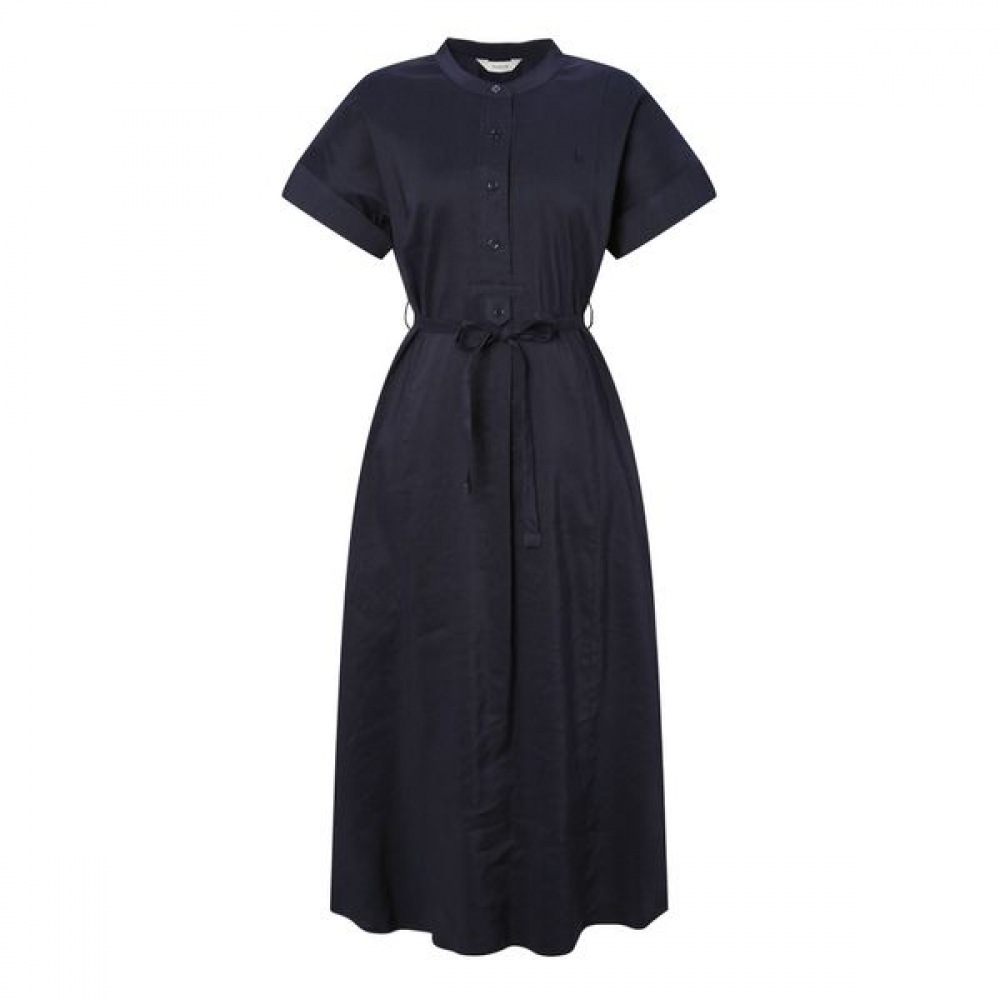 [ヘッジズレディース] 25SS ネイビーメランジリネンブレンドショートスリーブドレス HSDR5B405N2