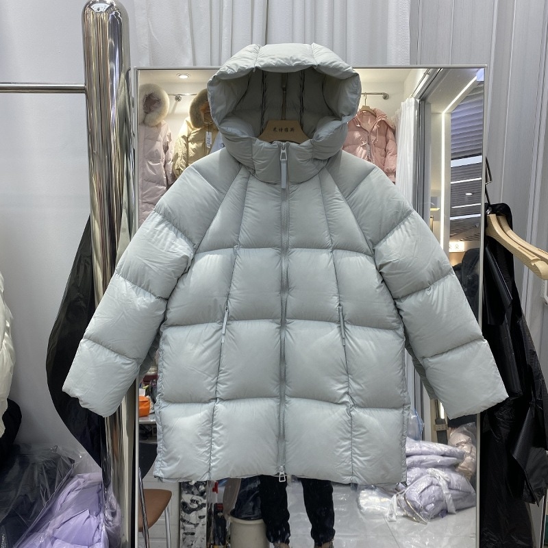 2025 高品質ホワイトダックダウンパフミドル丈フード付きダウンジャケットレディース秋冬新作厚手ルーズコート