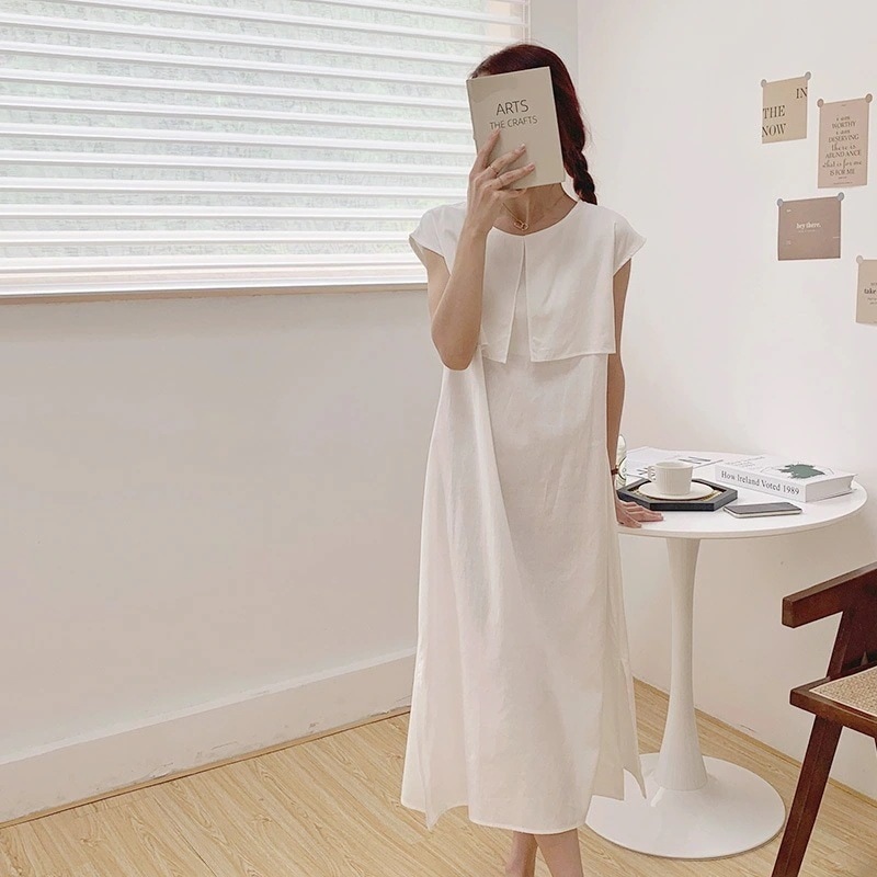24H限定！半袖綿麻品質がよい 通気性涼しい切り替えワンピース 涼感 日焼け止め痩身 体型カバー春夏新作体型カバー汎用性 オールインワンワンピースフェイクレイヤードランタン袖 紫外線対策