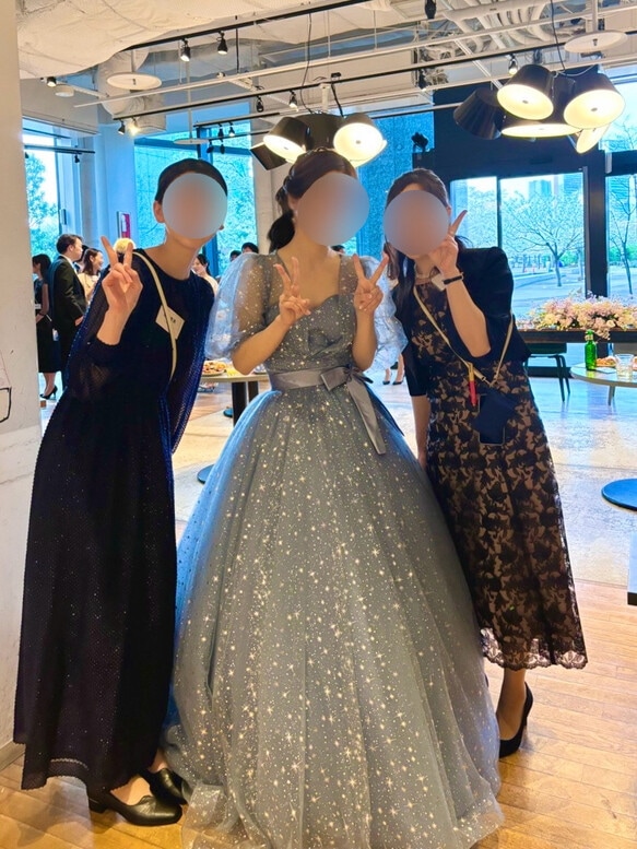 実例写真！カラードレス+トップス ブルー サッシュベルト キラキラチュール 結婚式 Aライン プリンセスライン