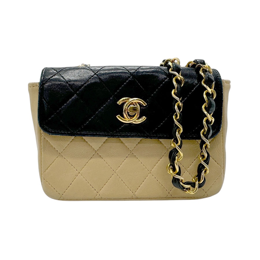 シャネル CHANEL ショルダーバッグ ラムスキン ブラック×ベージュ ゴールド レディース n0764