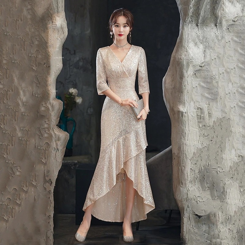 パーティードレス結婚式4030ロング丈袖あり長袖韓国風大きいサイズフォーマル