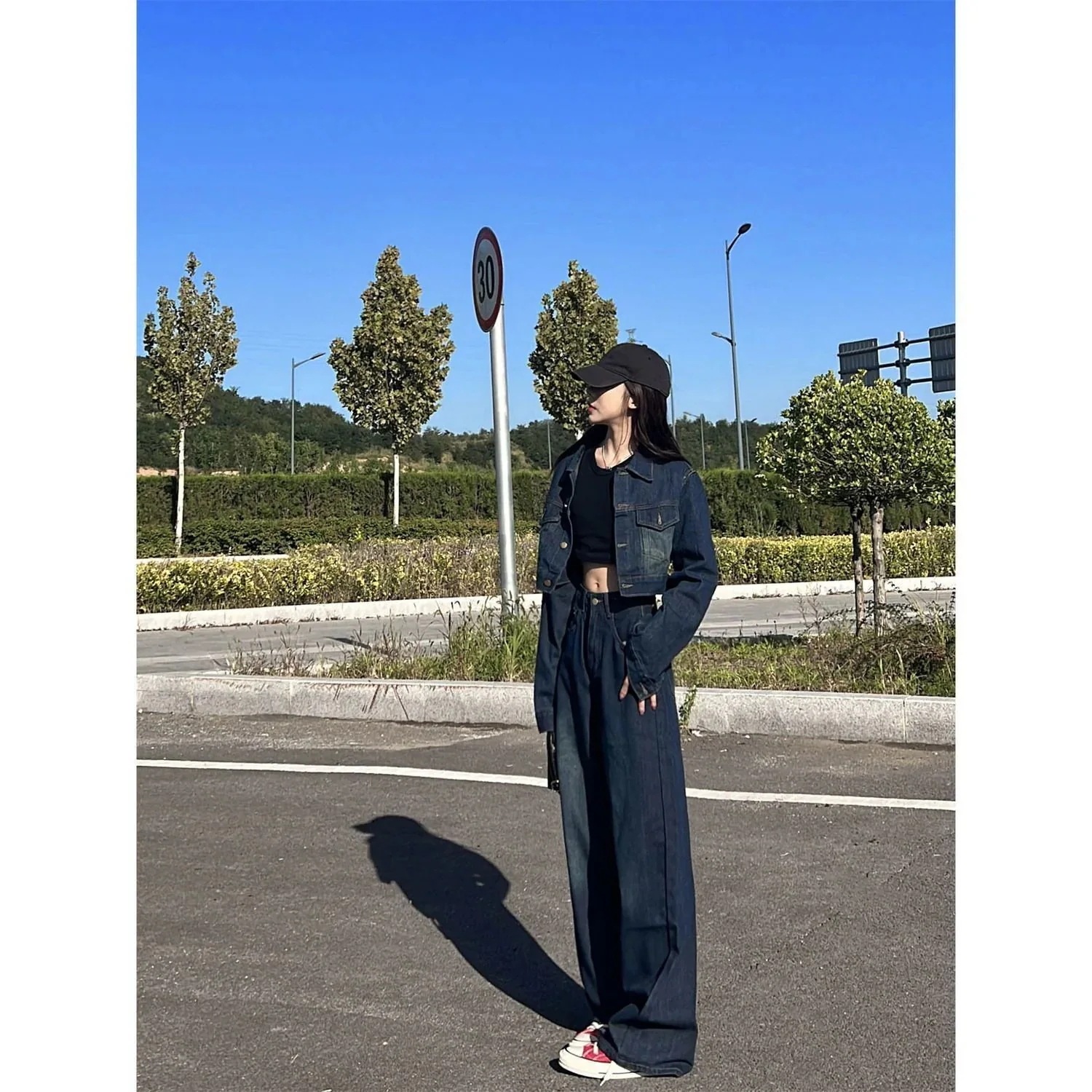 アメリカンキャンパス デニムジャケット+デニムワイドパンツ 春秋冬秋 レトロ セットアップ 2点セット