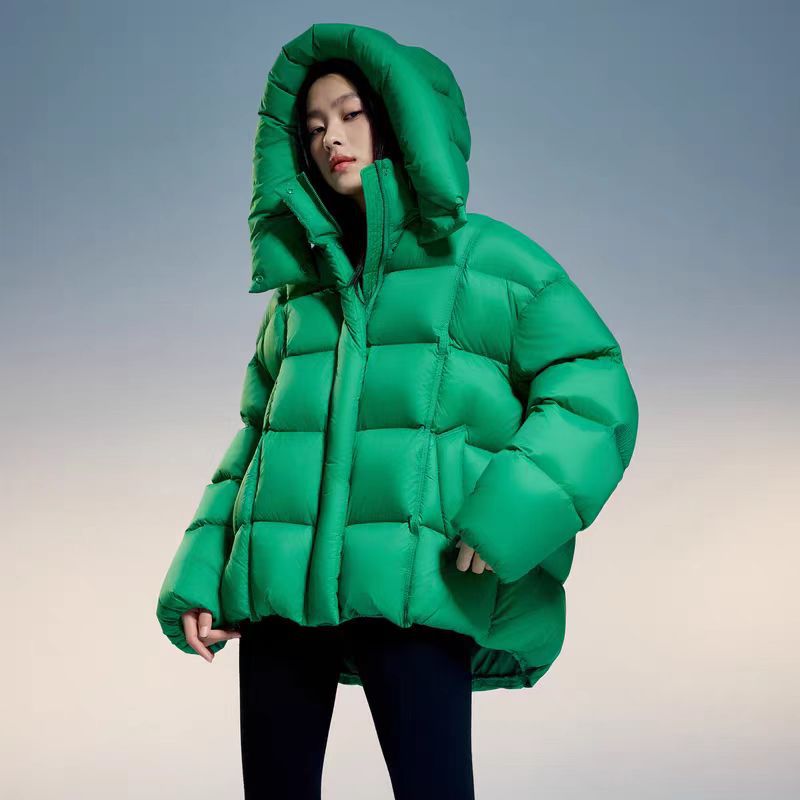 レディース ホワイトダックダウン フード付き パフスタイル ダウンジャケット新しい冬スタイルオーバーサイズ ルーズフィット厚手ブレッドジャケット