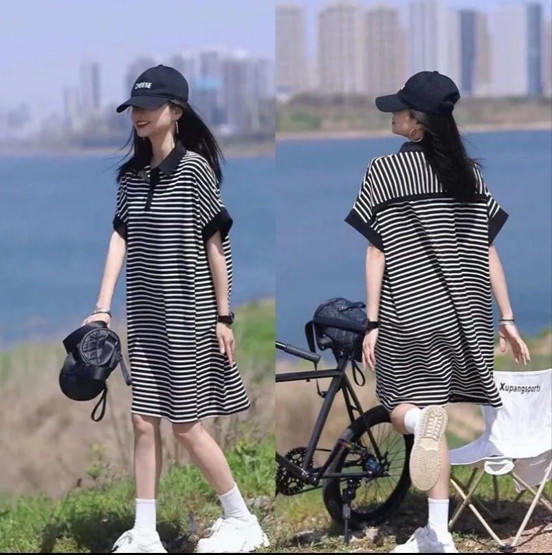 ストライプワンピースのゆったりお腹カバー半袖Tシャツスカート