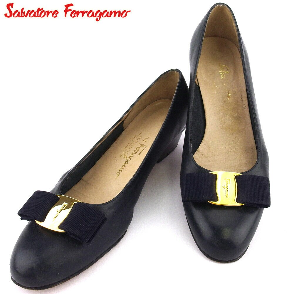 サルヴァトーレ フェラガモ パンプス シューズ 靴 レディース ネイビー ゴールド ブラック ヴァラリボン Salvatore Ferragamo 中古 T18310