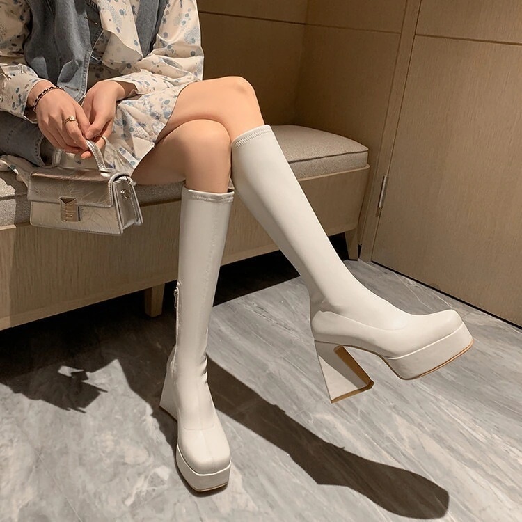 韓国ファッション追加！Qoo10限定【2枚購入で2oo円OFF!】作シンプル気質騎士ブーツスクエア靴身長アップ脚ブーツ厚底シューズフラットシューズニーハイブーツオーバー