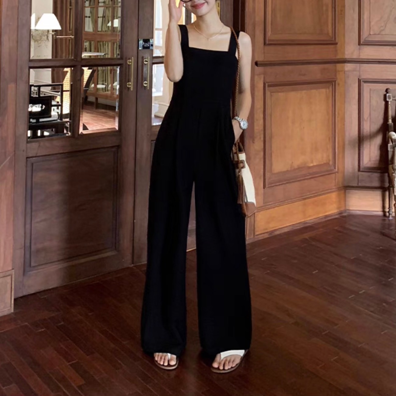 レディース サロペット デート ワイドパンツ ストレートパンツ マキシ マキシ丈 袖なし ノースリーブ スクエアネック 襟なし ワイド Iライン 切り替えデザイン スマート かわいい 大人可愛い