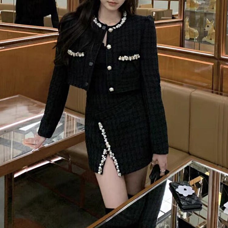 セットアップ パール飾り ツイードショートジャケット ミニスカート 上下セット レディース スカート ジャケット 大人可愛い きれいめ おしゃれ エレガント 無地 春 秋 謝恩会 二次会 デート