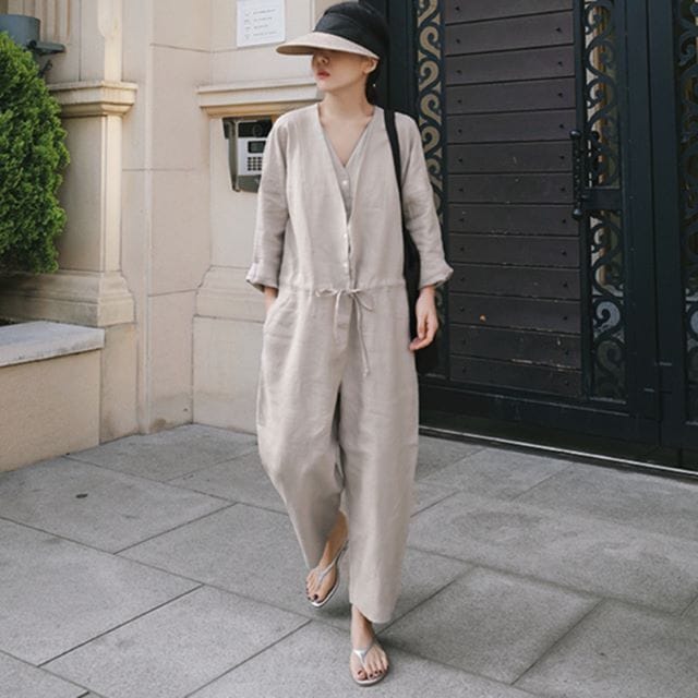 オールインワン サロペット レディース ワイドパンツ ロング丈 Vネック リネン 長袖 ボリューム袖 ゆったり ウエストリボン 黒 グレー 韓国